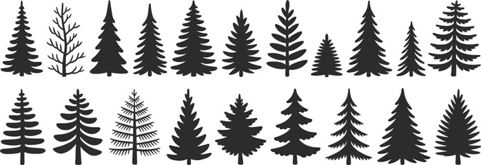 WebSet of black pine tree silhouettes, coniferous forest evergreen spruce fir cedar icons, minimalist nature elements for winter landscape flat vector illustration © Itz Shahin