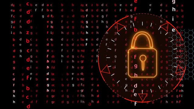 Quantum cryptography security matrix  technology lock hexagon wire animation on the black screen