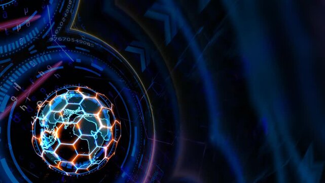 Quantum futuristic technology computer with digital hexagon and red blue laser animation cover and protection and earth map with latitude longitude scanning