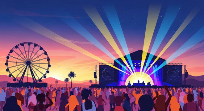 Vibrant music festival crowd with stage lights and ferris wheel at sunset