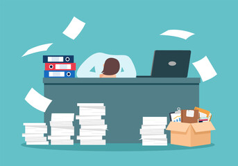 Overworked employee sleeping front of computer on desk with paper document folder stack at workplace. Tired office worker, company employee, exhausted businessman take nap. Fatigue and work