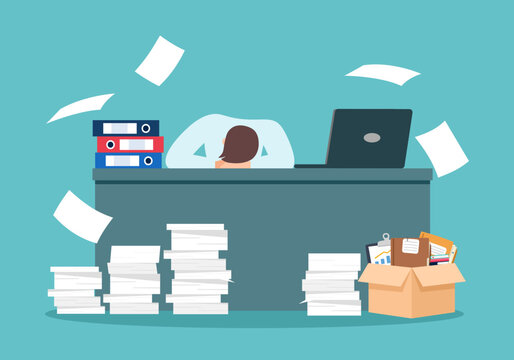 Overworked employee sleeping front of computer on desk with paper document folder stack at workplace. Tired office worker, company employee, exhausted businessman take nap. Fatigue and work