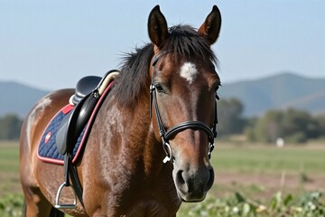 Obraz premium A brown horse with a black mane standing in a field