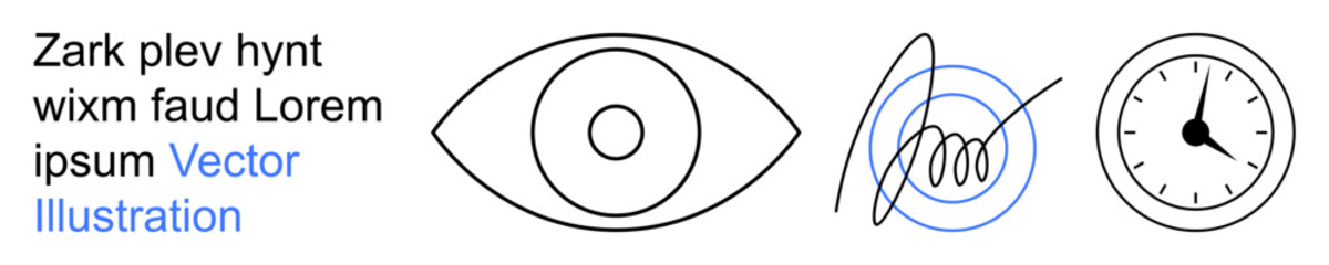 Vision science, creativity, abstract art, time management, productivity tools, focus. Eye symbol, abstract scribble clock showing elapsed time. Vision science and creativity concept © robu_s