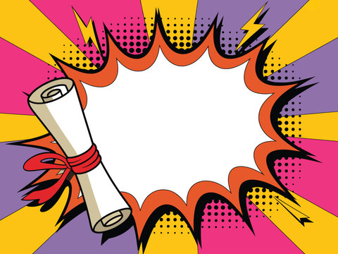 A colorful comic book style illustration of a diploma with a red ribbon on a vibrant background with lightning bolts and rays of light.