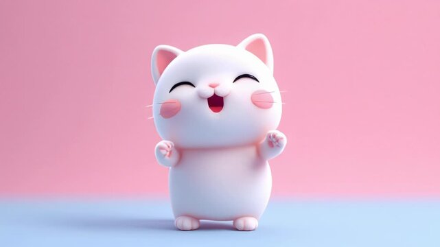 Adorable 3D White Cat Character, Happy and Playful, Cute Kawaii Style, Pink and Blue Background