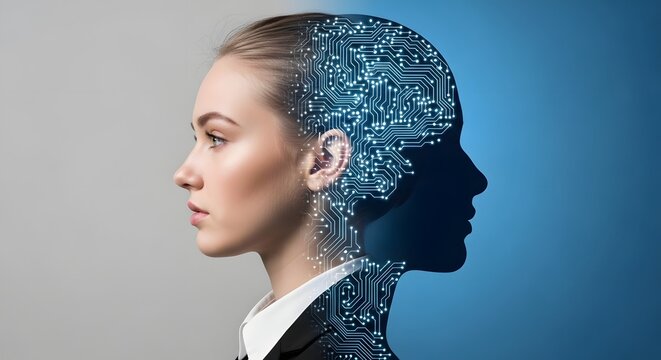 Conceptual image depicting the intricate connection between human intellect and advanced artificial intelligence, visualizing the future of technology and the digital mind