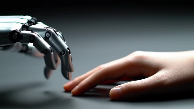 A robotic hand and a human hand almost touch. Technology concept