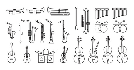 Obraz premium Collection of musical instruments and music notes, vector illustration, simple line art icons, graphic design elements