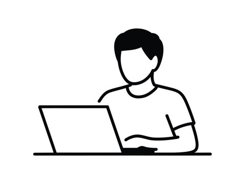 A man sitting at a desk working on a laptop computer in a simple black and white illustration.