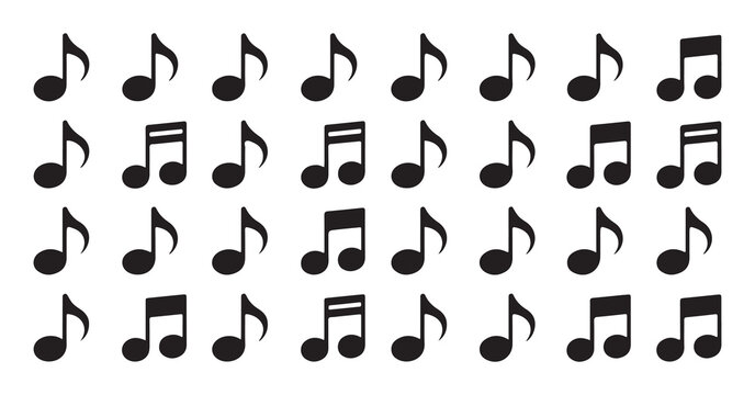 Assortment of musical notation symbols, vector graphics, various black music notes and rests