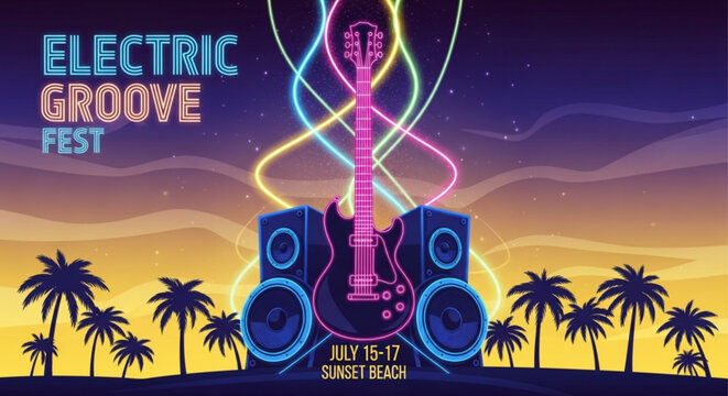 Vibrant neon guitar and speaker at electric groove fest with palm trees at sunset