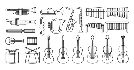 Fototapeta premium Assorted line art illustrations of musical instruments, vector icons for graphic design and art