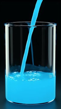 Animated CGI of blue liquid being poured into a clear glass beaker against a dark background representing cumulative exposure and dosage concept