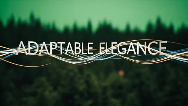 Dynamic Light Trails Weaving Through a Forest Landscape with ADAPTABLE ELEGANCE Text Overlay.