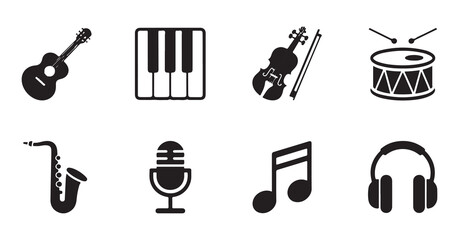 Set of black musical instrument icons including guitar piano violin drum saxophone microphone and headphones © Farik