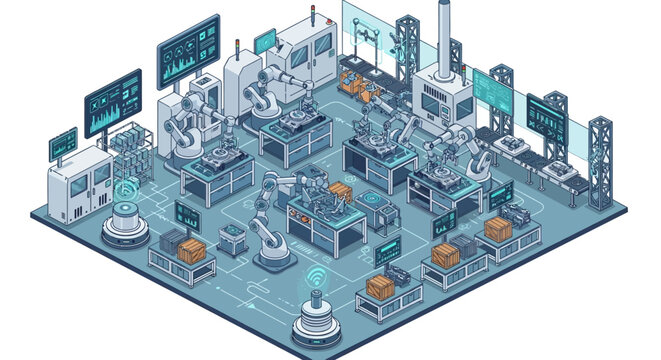 Isometric illustration of a smart factory with Industry 4.0 technology, featuring people working around machines and icons on a blue background, conveying a modern industrial scene.