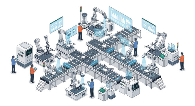 Isometric illustration of a smart factory with people working on machines and robots in an Industry 4.0 setting with a modern design layout on a white background.