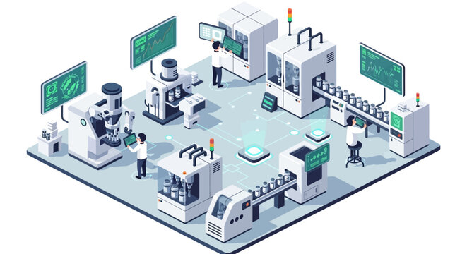 Isometric illustration of a smart factory with industry 4.0 technology, featuring people working around machines and computers in a modern industrial layout with a blue background.