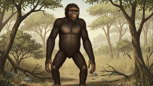 Ardipithecus ramidus 2D animation, early human ancestor 'Ardi' in dense forest, prehistoric evolution and anthropology concept art showing bipedal walking and tree climbing, Miocene era.