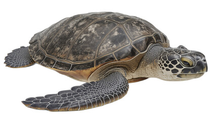 Fototapeta premium High-resolution isolated photograph of a green sea turtle swimming gracefully in clear blue ocean water, showcasing its detailed shell and flippers