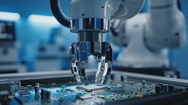 Automated Robotic Arm Placing Microchip on Circuit Board in Modern Electronics Manufacturing Facility