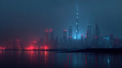 Naklejka premium Dubai cityscape at night with illuminated skyscrapers by the waterfront, reflecting on the water with a dark and moody