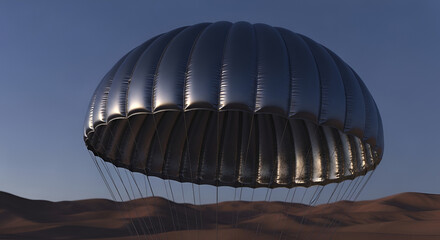 Obraz premium Metallic parachute over dusty dunes landscape dusk sky 3D rendering adventure travel engineering test concept design outdoor project