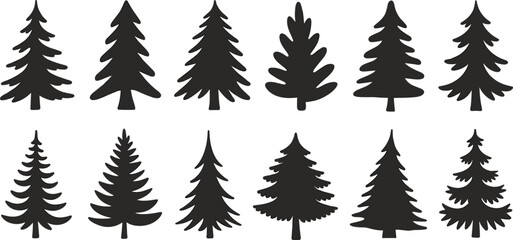 WebTree silhouette collection, coniferous pine fir spruce, deciduous leafless forms, diverse woodland shapes, natural forest landscape, eco environment, flat vector illustration © Hello World