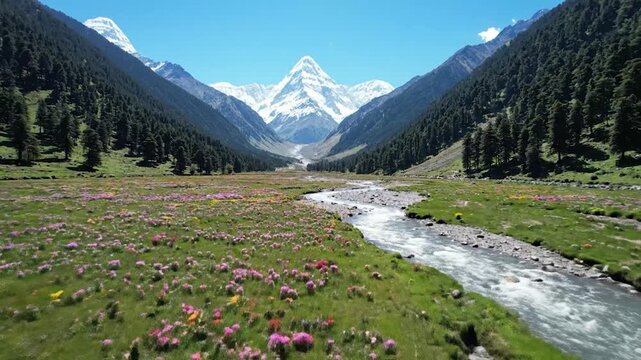 A beautiful mountain valley with a river, wildflowers, and snow-capped peaks.