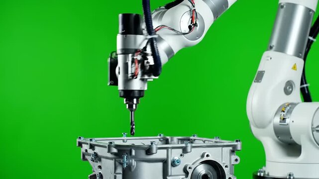 Robotic Arm Drilling Metal Part on Green Screen: Precision Automation in Modern Manufacturing