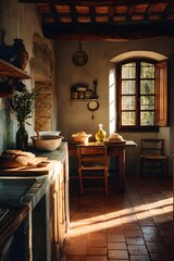 Fototapeta premium Rustic European Farmhouse Kitchen Interior with Warm Natural Light and Vintage Wooden Design