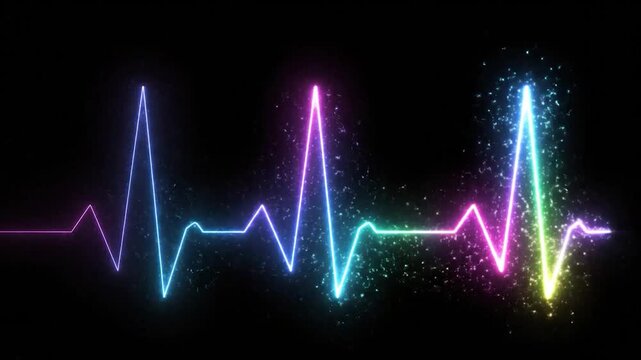 Vibrant neon heartbeat line pulses with sparkling particles on a dark background