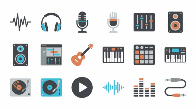 A collection of colorful music icons on a white background