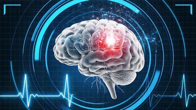 Human brain with red hotspot on digital medical background