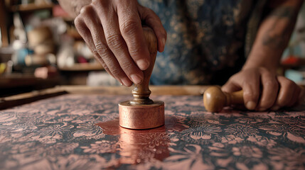 Obraz premium Close up of hands dipping a copper stamp into hot wax for traditional fabric printing, Generative AI illustrations.