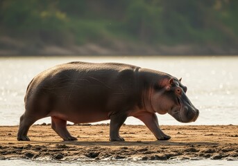 A powerful hippopotamus ambles along a slick, muddy riverbank, bathed in natural light, showcasing its immense presence in the wild, natural, documentary, brown
