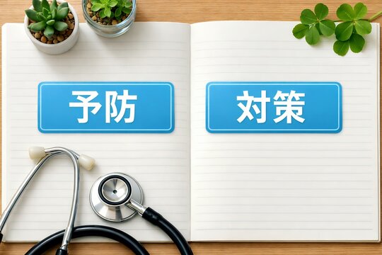 白いノートに青い色の予防と対策の文字が並び医療用ステレオスコープが置かれたカット
