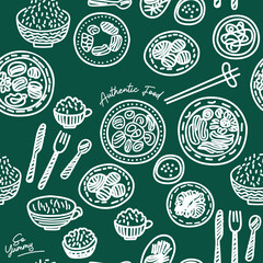 Hand-drawn Seamless Pattern of Asian Food and Utensils