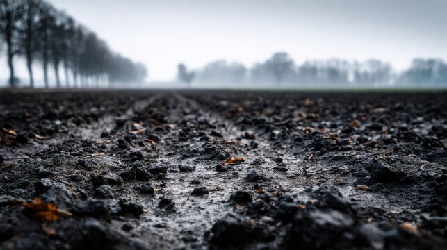 Rich Dark Soil Clods with Visible Organic Debris in a Misty Agricultural Field