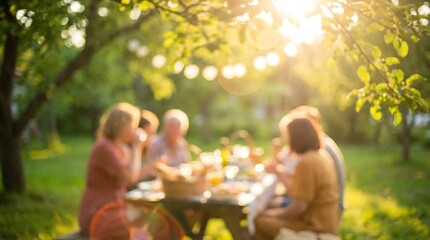 A multi-generational family is happily gathered around a wooden table, enjoying an outdoor meal in a lush garden, bathed in warm sunlight and fairy lights.