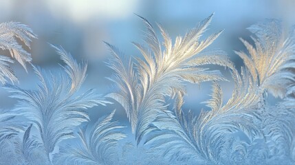 Intricate white frost patterns forming delicate crystalline structures on a winter windowpane