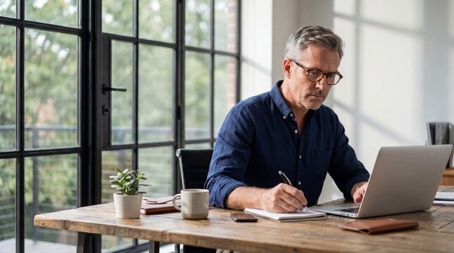 Middle-aged man working on laptop at rustic desk in modern office