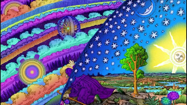 Vibrant Colorized Flammarion Engraving Celestial Spheres Art