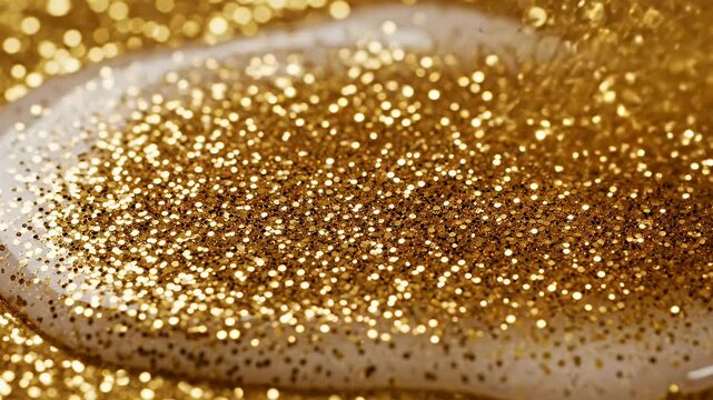 Fine gold glitter powder sprinkled onto a reflective surface