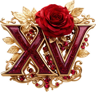 letras XV, quincea&ntilde;era, marco, rosa roja, dorada, antig&uuml;edad, imagen, antique, viejo, foto, decoraciones, arte, arcen, designio, barroco, madera, en blanco, descargar, objeto, retro, muro, fondos de p