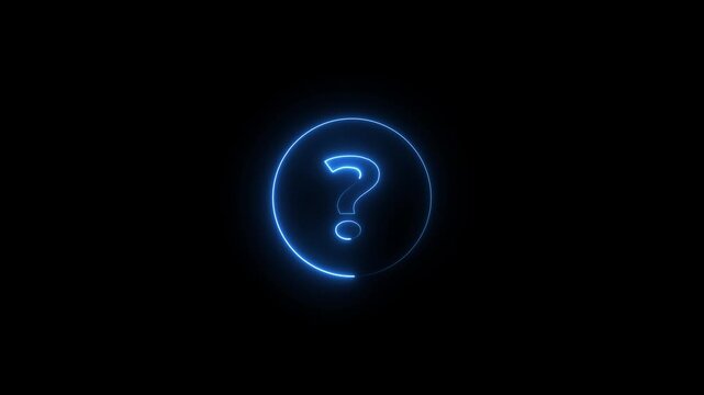A glowing blue neon outline of a question mark enclosed within a circular frame against a dark black background symbolizing inquiry, confusion, or a request for information. Keywords: question