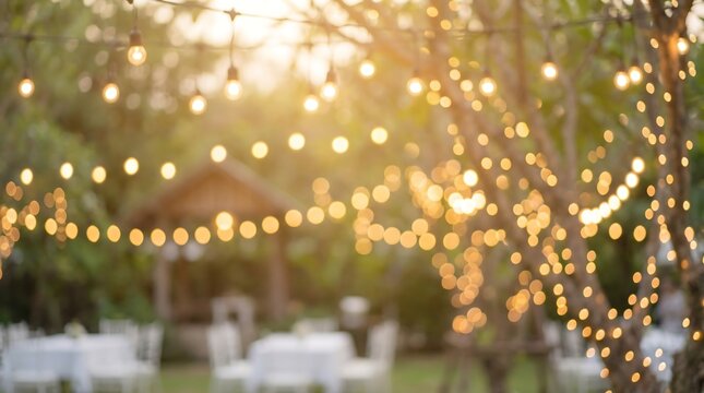 Warm string lights elegantly draped on trees in a blurred outdoor setting, illuminating an inviting garden party or wedding.