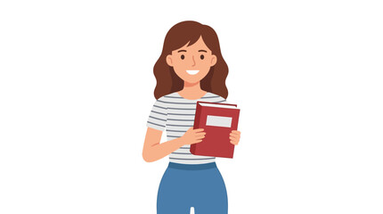 Cartoon illustration of woman with brown hair holding red book