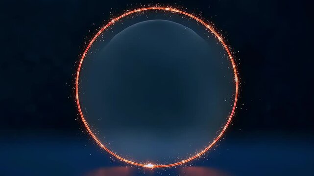Glowing circular portal with sparks, cinematic futuristic energy ring forming on dark studio floor, embers falling with subtle reflection, seamless loop for logo reveal and title animation,